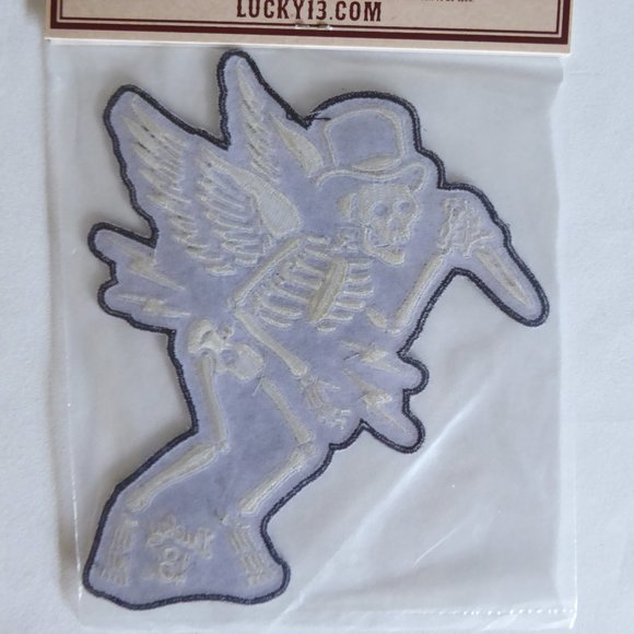 RETIRED LUCKY 13 THIRTEEN WINGED SKELETON WITH KNIFE EMBROIDERED 6” PATCH (NEW) - Picture 3 of 5